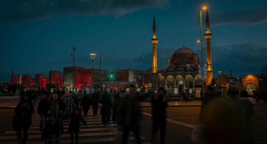 a group of people walking across a street at night, by Niko Henrichon, pexels contest winner, hurufiyya, ottoman sultanate, complex background, byzantine, youtube thumbnail