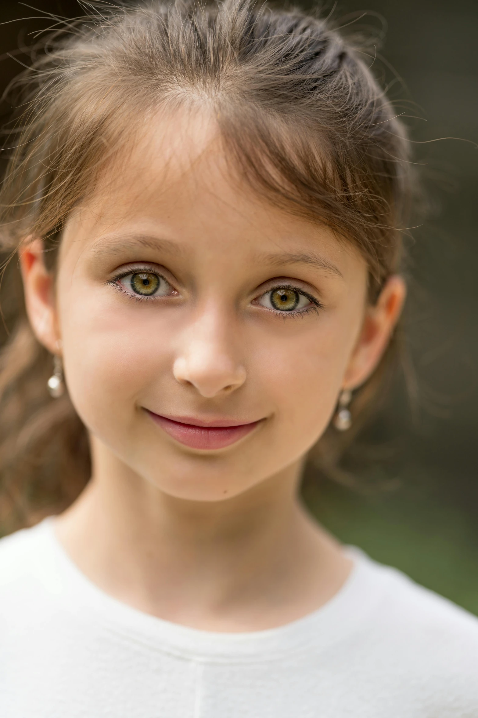 a close up of a young girl wearing a white shirt, pexels contest winner, brown hair and large eyes, light green eyes, high-resolution photo, ready to model