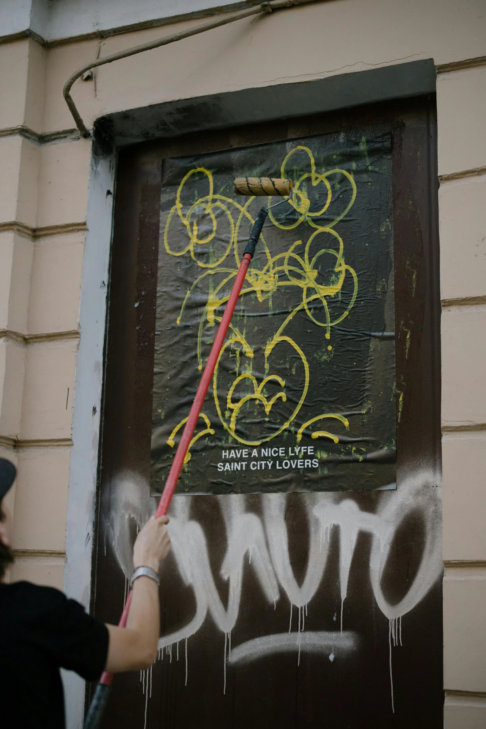 a man that is standing in front of a door, a silk screen, trending on unsplash, street art, sweeping, holding a thick staff, yellow charcoal, vienna secesion style