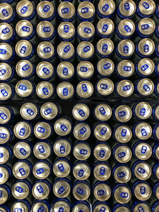 a bunch of beer cans stacked on top of each other, by Carey Morris, unsplash, process art, kobalt blue, 1 6 x 1 6, inspect in inventory image, high angle close up shot