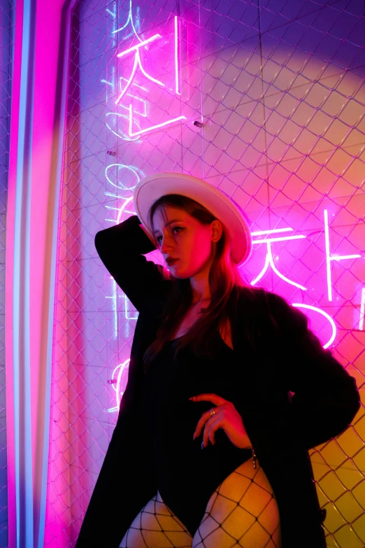 a woman standing in front of a neon sign, an album cover, by Julia Pishtar, unsplash, she is wearing a hat, japanese neon signs, profile image, multiple stories