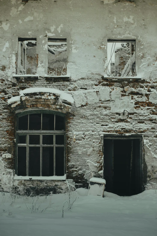 a couple of windows sitting on the side of a building, a colorized photo, inspired by Vasily Surikov, pexels contest winner, snow wasteland, dark ruins, background image, video still