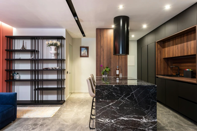 a kitchen with a marble island in the middle of the room, by Will Ellis, unsplash contest winner, light and space, modern lush condo as shopfront, carved black marble, ignacio fernandez rios ”, profile image