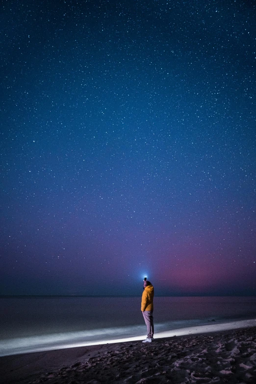 a man standing on top of a beach under a night sky, unsplash contest winner, minimalism, glowing head, minn, purple and blue, starlit