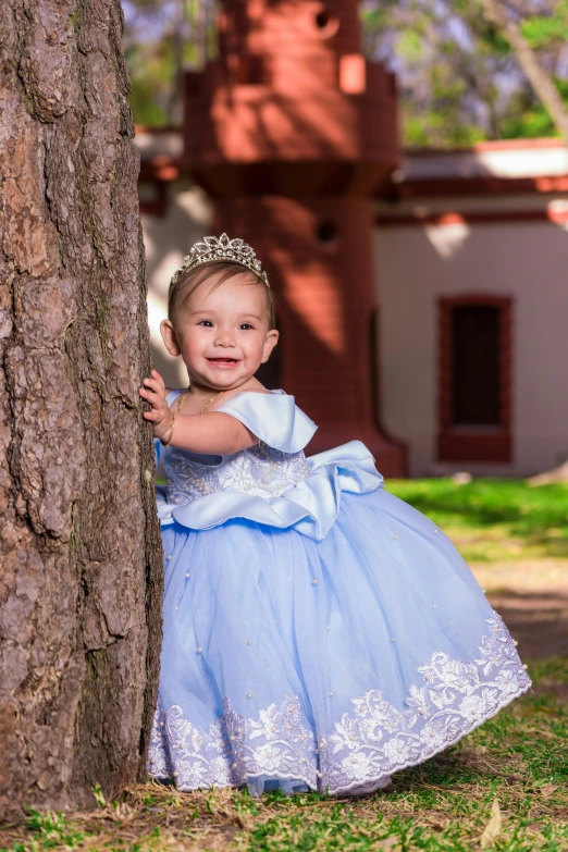 a little girl in a princess dress leaning against a tree, slide show, light blue, ekaterina, portrait image