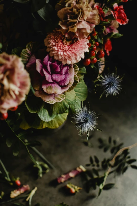 a bunch of flowers sitting on top of a table, a still life, up close shot, botanicals, thistles, detailed product shot