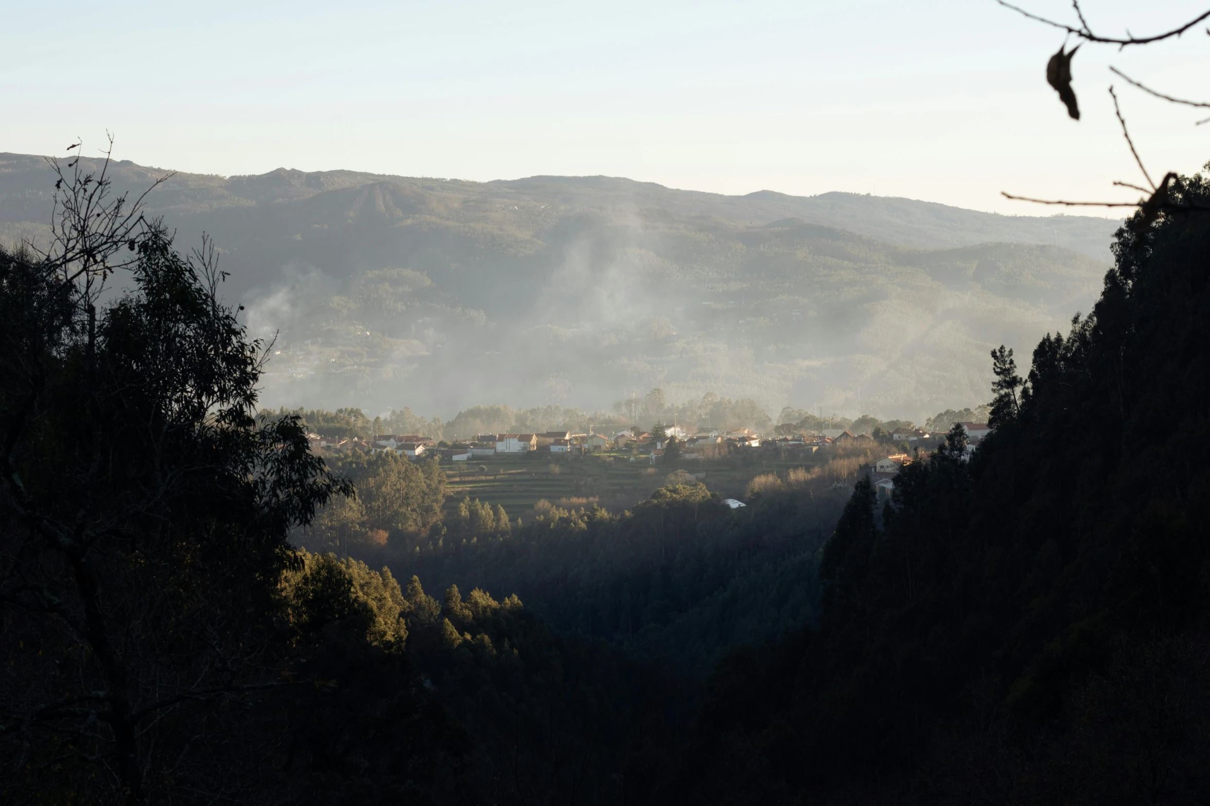 a view of a valley with mountains in the distance, pexels contest winner, les nabis, buildings and smoke, gui guimaraes, grey forest in the background, slide show