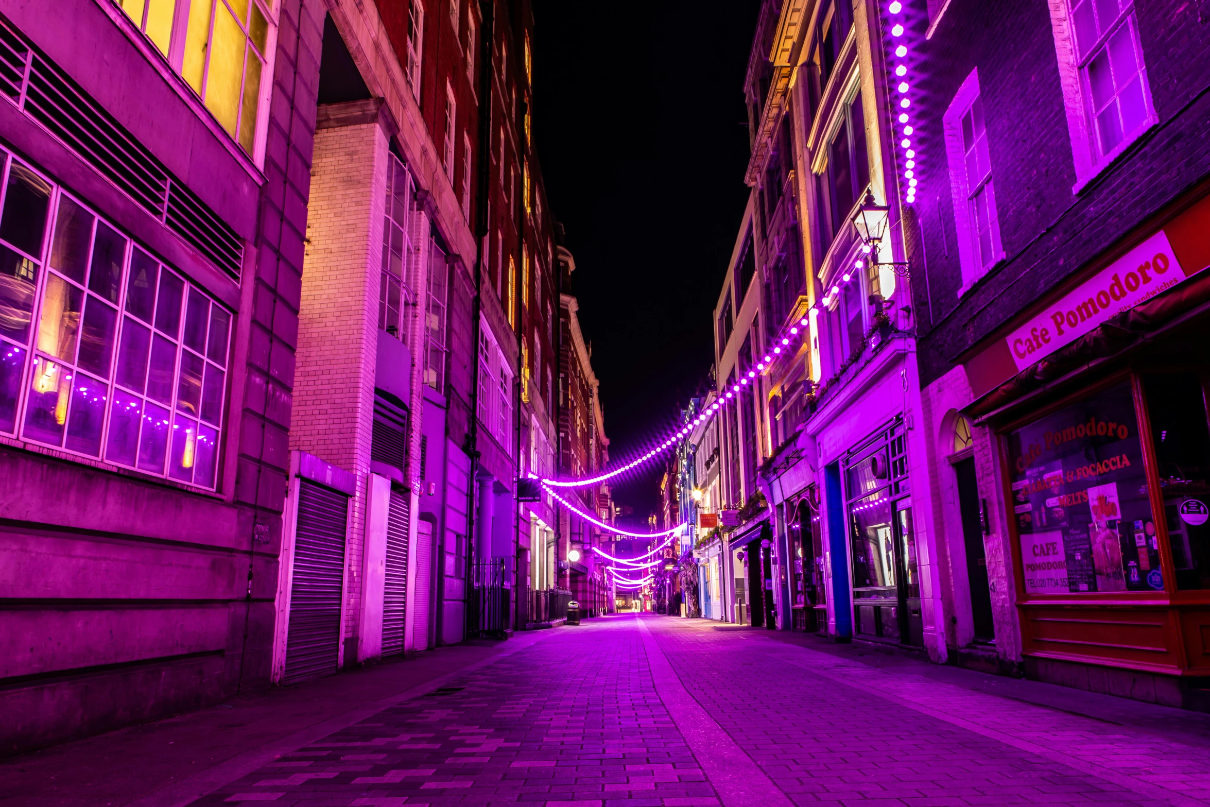 a street filled with lots of purple lights, by Nick Fudge, pexels contest winner, renaissance, manchester, empty streetscapes, neon outline, ((purple))