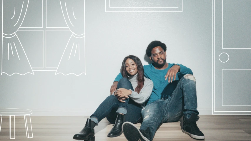 a man and a woman sitting on the floor, a portrait, by Stokely Webster, pexels contest winner, black arts movement, standing in corner of room, hgtv, sza, plain background