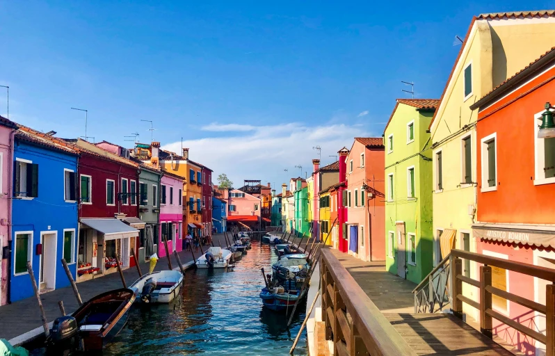 a canal filled with lots of colorful buildings, a photo, inspired by Quirizio di Giovanni da Murano, pexels contest winner, bright sunny day, thumbnail, fishing village, 🦩🪐🐞👩🏻🦳