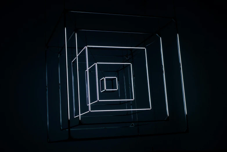 a dark room with a light at the end of it, an album cover, inspired by Richard Anuszkiewicz, unsplash, computer art, square, white neon lights, five-dimensional, shot from below