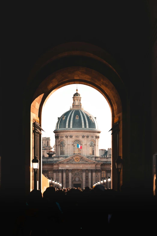 a group of people standing in front of a building, pexels contest winner, paris school, inside a dome, doorways, neo-classicism, view from a distance