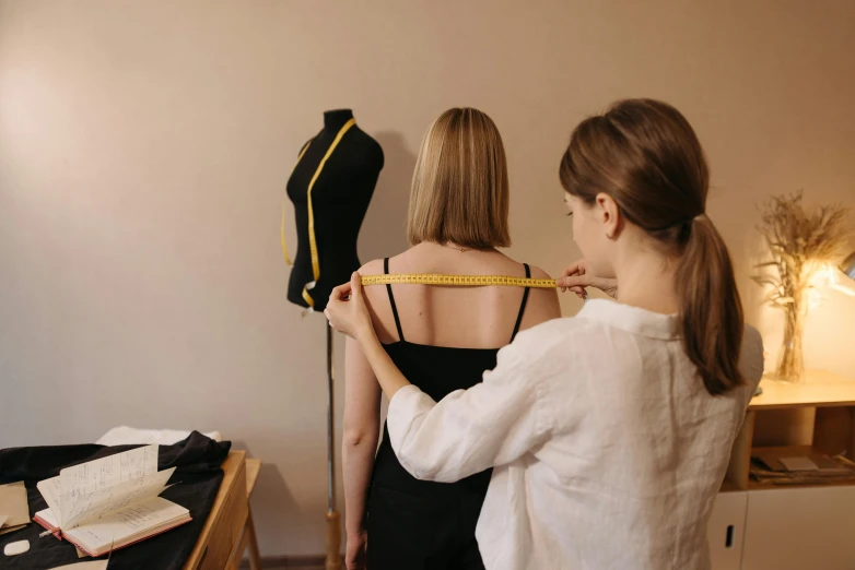 a woman measuring a dress on a mannequin, by Emma Andijewska, trending on pexels, two women, looking her shoulder, 1614572159, naturalistic technique