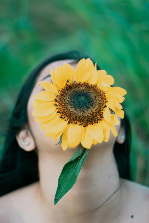 a woman holding a sunflower up to her face, earthy, playful vibe, hanging, face shown