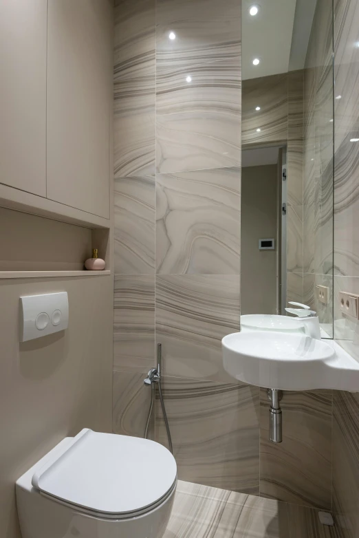 a white toilet sitting in a bathroom next to a sink, a marble sculpture, by Konrad Witz, art nouveau, shiny layered geological strata, beige, 4l, rounded ceiling