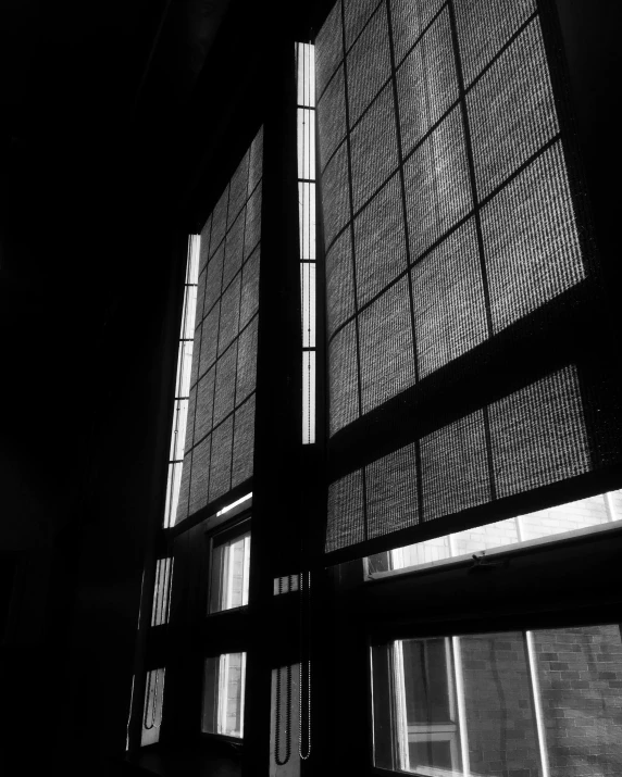 a black and white photo of a window in a building, light and space, panels, screen light, dark library, textured light