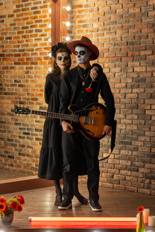 a man and a woman in day of the dead costumes, an album cover, pexels contest winner, vantablack wall, guitarist, fullbody or portrait, square