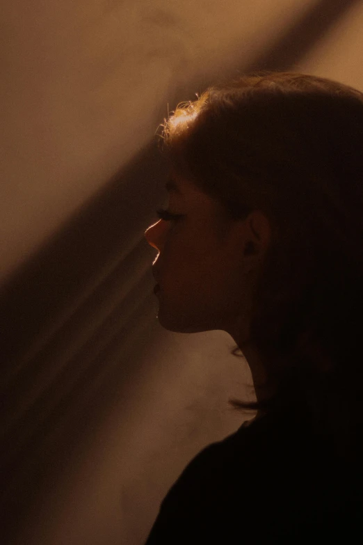 a woman standing in a dimly lit room, head in profile, movie still 8 k, smoky lighting, sunlit