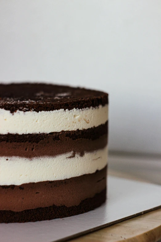 a chocolate cake sitting on top of a white plate, multiple layers, black + white, on textured disc base, side view close up of a gaunt