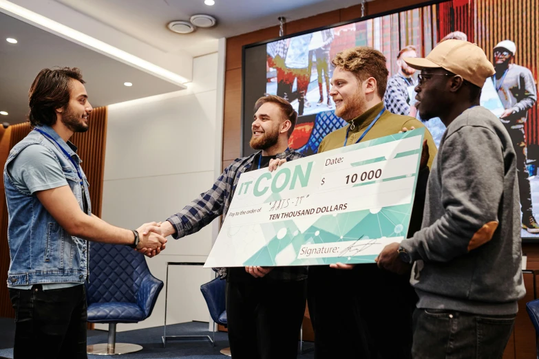 a group of men standing next to each other holding a check, unsplash contest winner, satoshi con, panels, avatar image, fishcore