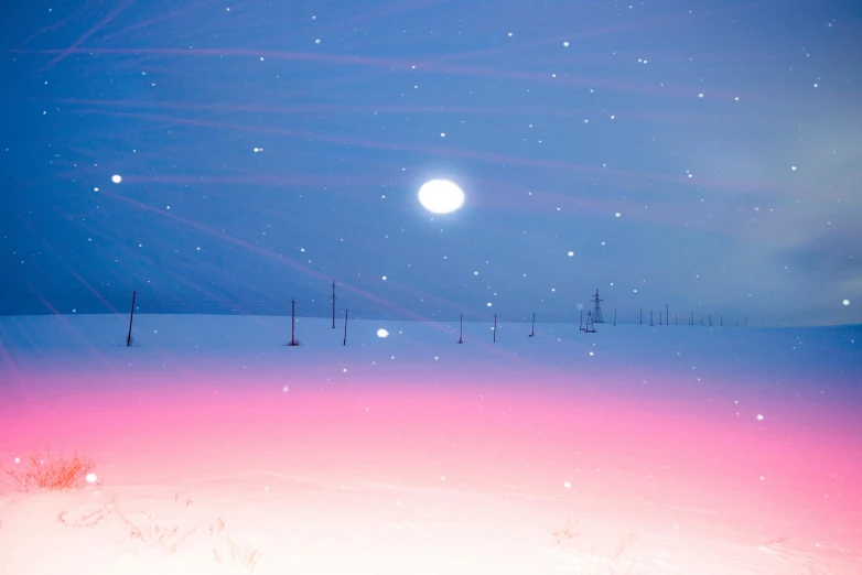 a snow covered field with a full moon in the sky, an album cover, pexels contest winner, magical realism, pink and blue gradients, starry sky 8 k, snowstorm ::5, vaporwave lights