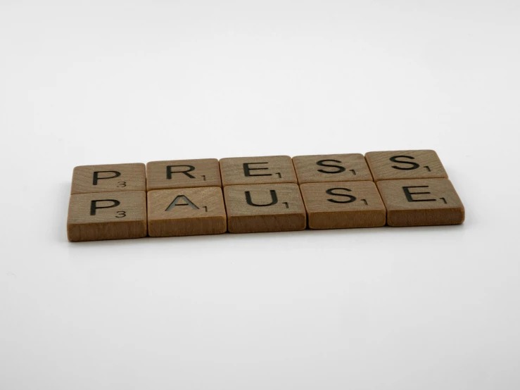 a wooden block with the word press pause written on it, by Cornelia Parker, private press, high quality product photo, - 12p, pieces, contain