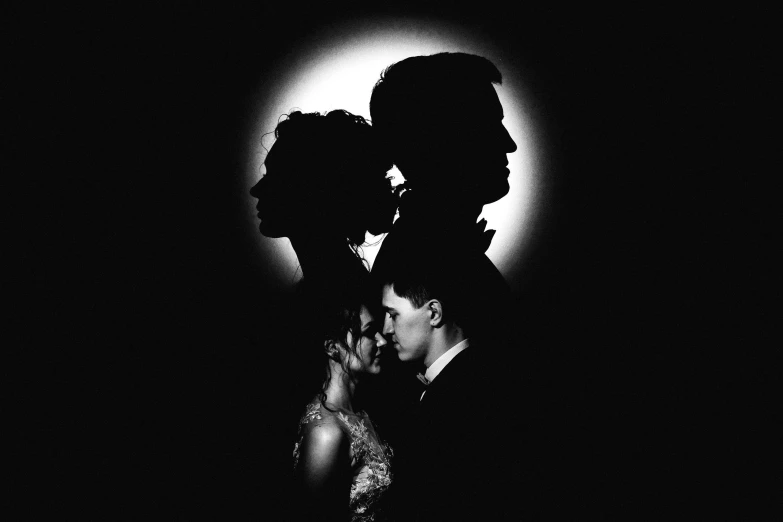 a black and white photo of a bride and groom, by Lucia Peka, shadow art, three moons, a portrait of @hypnos_onc, peaky blinders