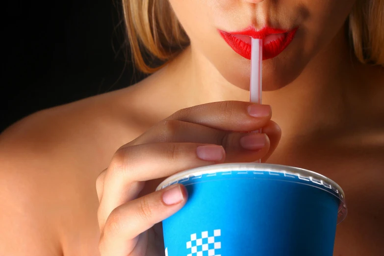 a close up of a person holding a cup with a straw, a photorealistic painting, inspired by Nan Goldin, trending on pexels, plasticien, sexy lips, neon blue, regal fast food joint, square