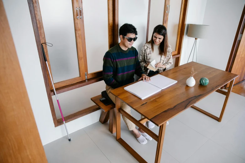 a couple of people that are sitting at a table, trending on pexels, mingei, closed limbo room, stanley artgem lau, standing on a desk, hoang lap