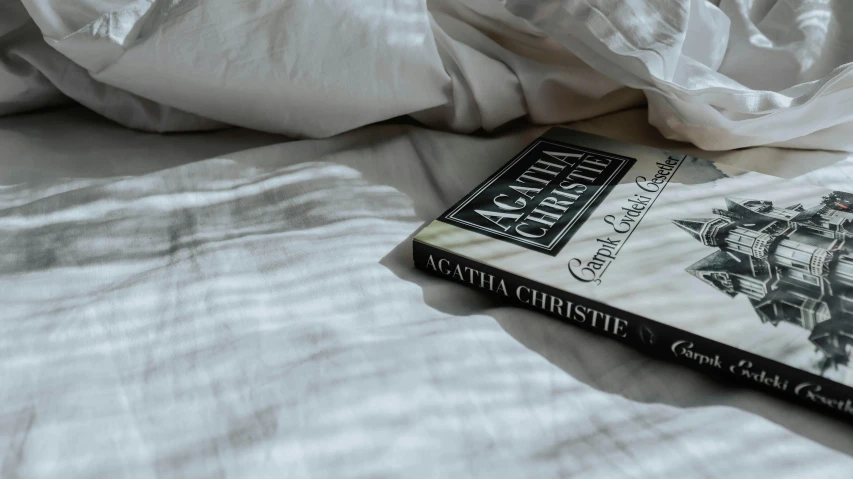 a book sitting on top of a bed covered in white sheets, inspired by Gustave Caillebotte, pexels contest winner, private press, amityville, bowater charlie, in style of addy campbell, photo shot my martha cooper