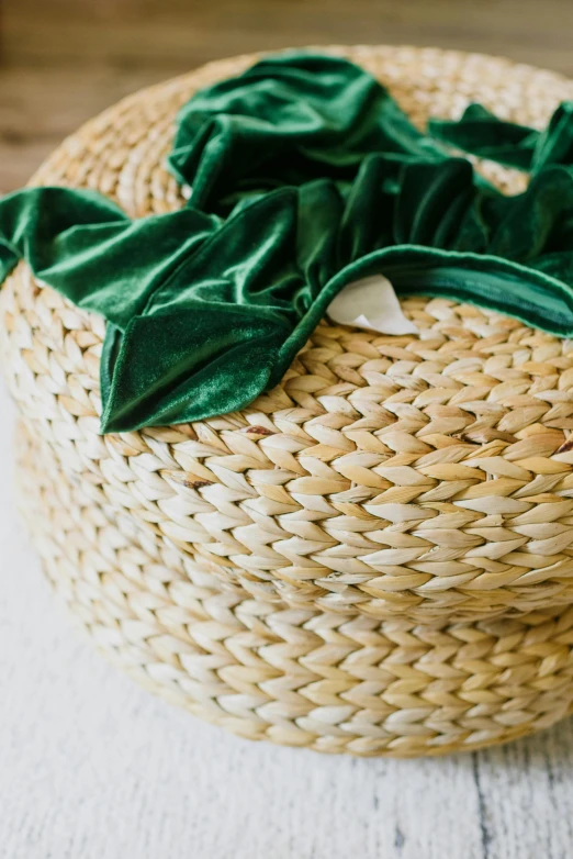 a basket with a green bow on top of it, velvet, sarong, detail shot, collection product