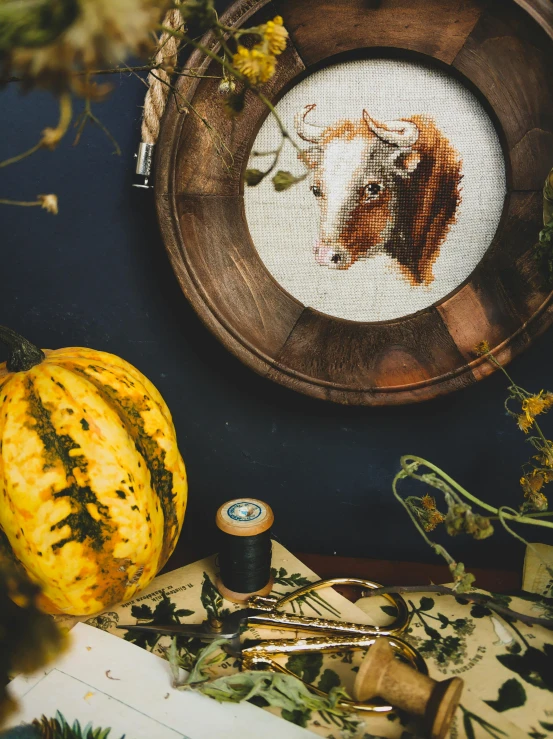 a picture of a cow in a frame on a table, a cross stitch, inspired by Master of the Embroidered Foliage, trending on unsplash, pumpkins, 2 5 6 x 2 5 6 pixels, portrait of emma watson, high angle close up shot