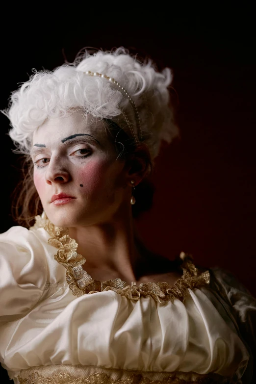 a woman in a white dress posing for a picture, inspired by Jacques-Louis David, rococo, white face paint, vhs colour photography, dramatic intense lighting, looking directly at the viewer