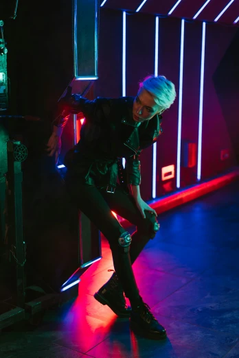 a person on a skateboard in a room with neon lights, white haired, stage at a club, androgynous male, jc park