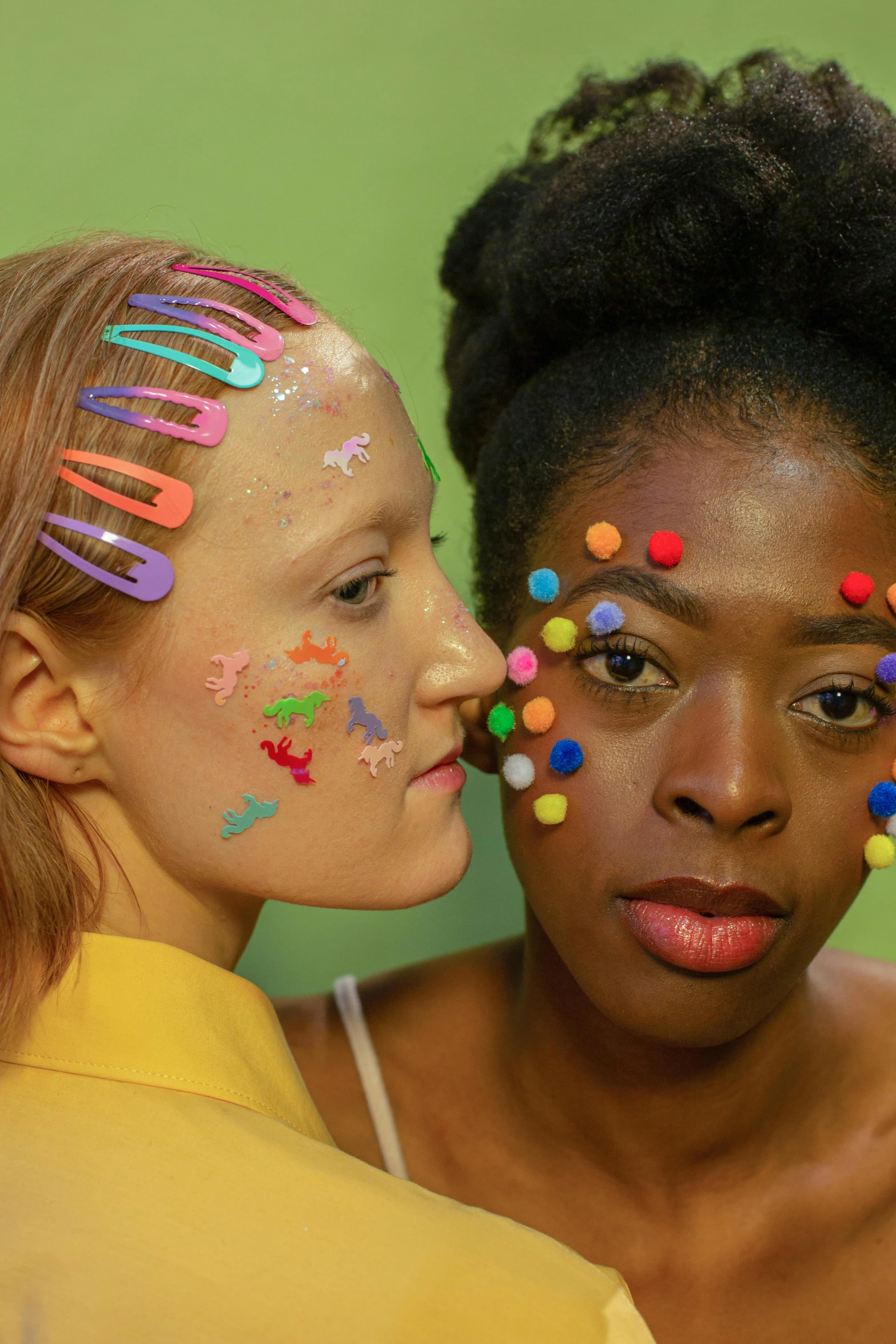 a couple of women standing next to each other, an album cover, trending on pexels, antipodeans, colorful rave makeup, maria borges, sprinkles, still from film