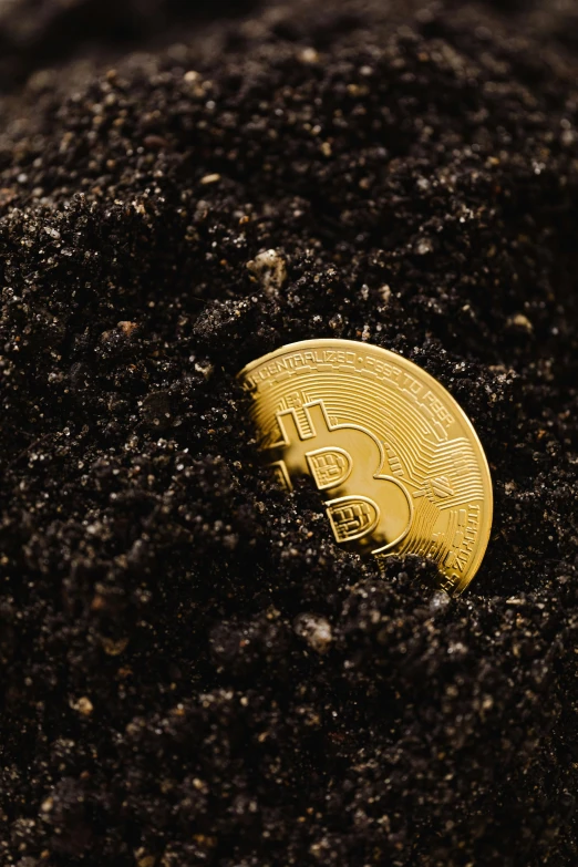 a bit coin sitting on top of a pile of dirt, unsplash, avatar image, background image, lunar soil, black