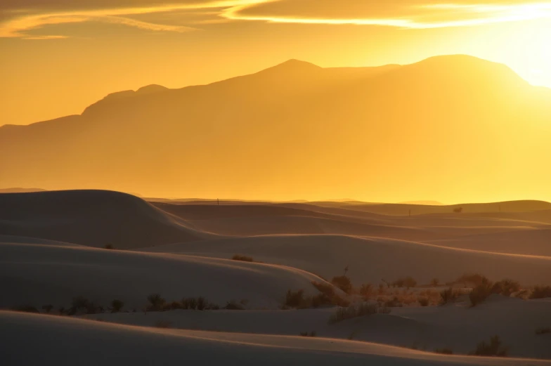 the sun is setting over the sand dunes, by Linda Sutton, unsplash contest winner, white desert background, shades of yellow, sf, panoramic