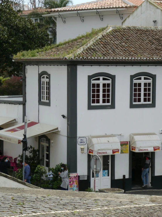 a group of people walking down a cobblestone street, an album cover, pexels contest winner, quito school, white buildings with red roofs, nazare (portugal), roof with vegetation, 12th century apothecary shop