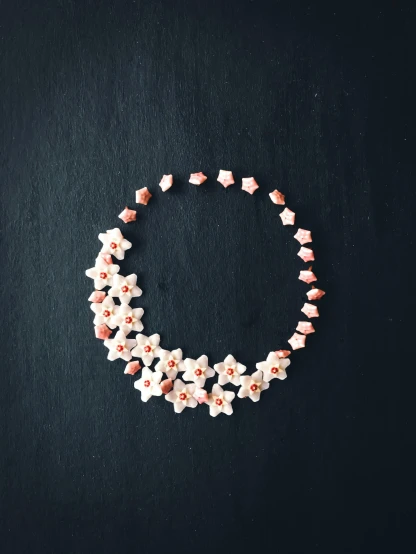 flowers arranged in the shape of a circle, a digital rendering, by Andrée Ruellan, trending on unsplash, puka shell necklace, tiny stars, peach and goma style, porcelain sculpture