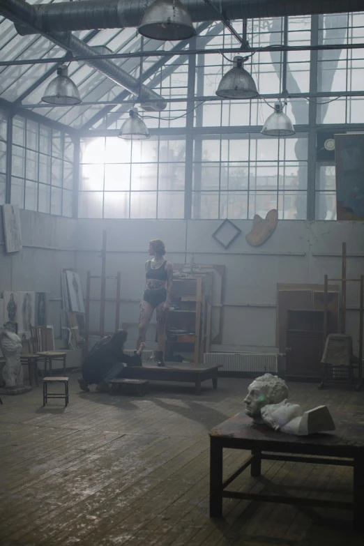 a room filled with furniture and lots of windows, a matte painting, inspired by Gregory Crewdson, visual art, dancer, 1920s studio lighting, rihanna, in a workshop