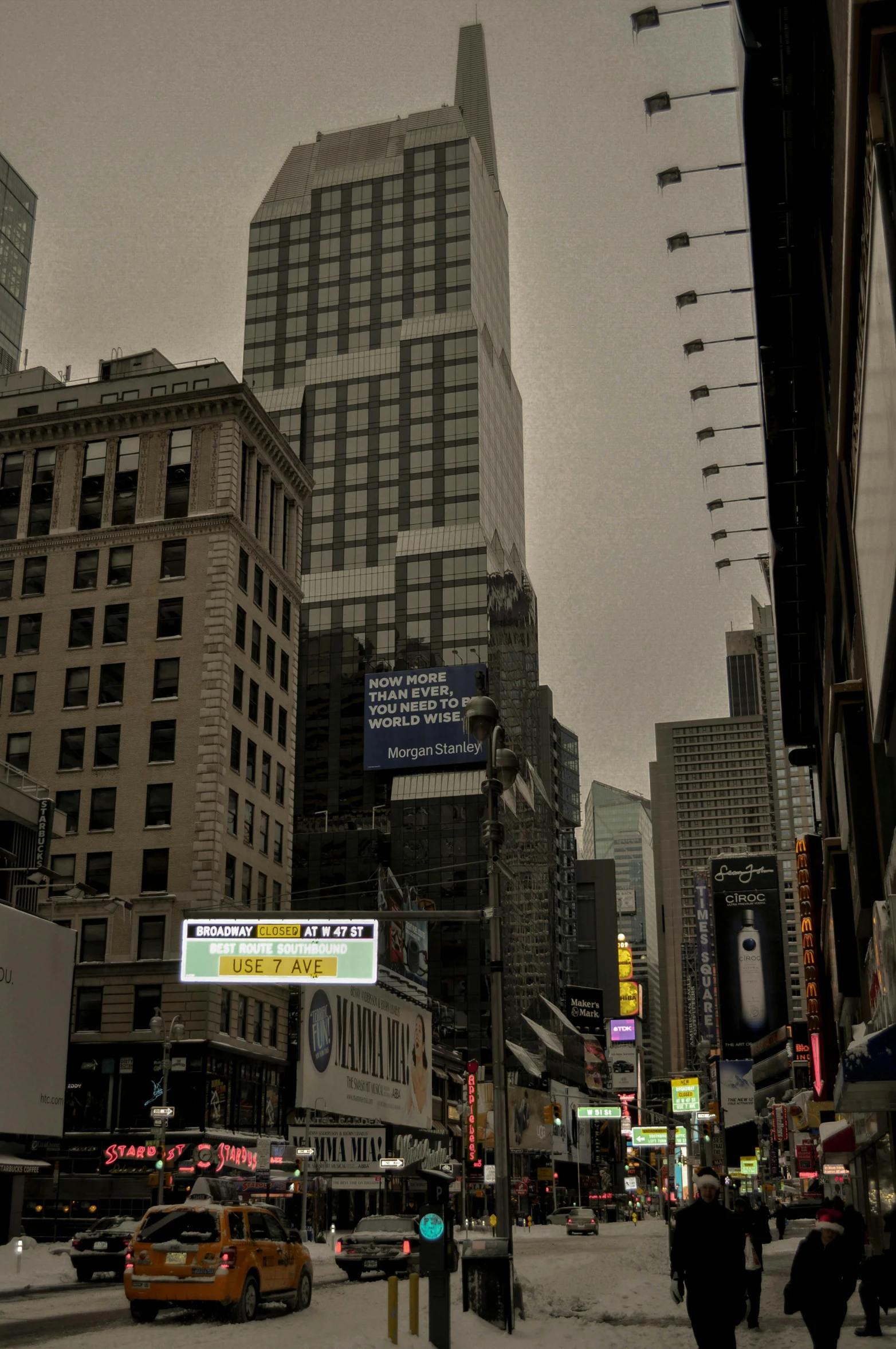 a city street filled with lots of tall buildings, a picture, inspired by Thomas Struth, flickr, billboards, storm outside, square, broadway