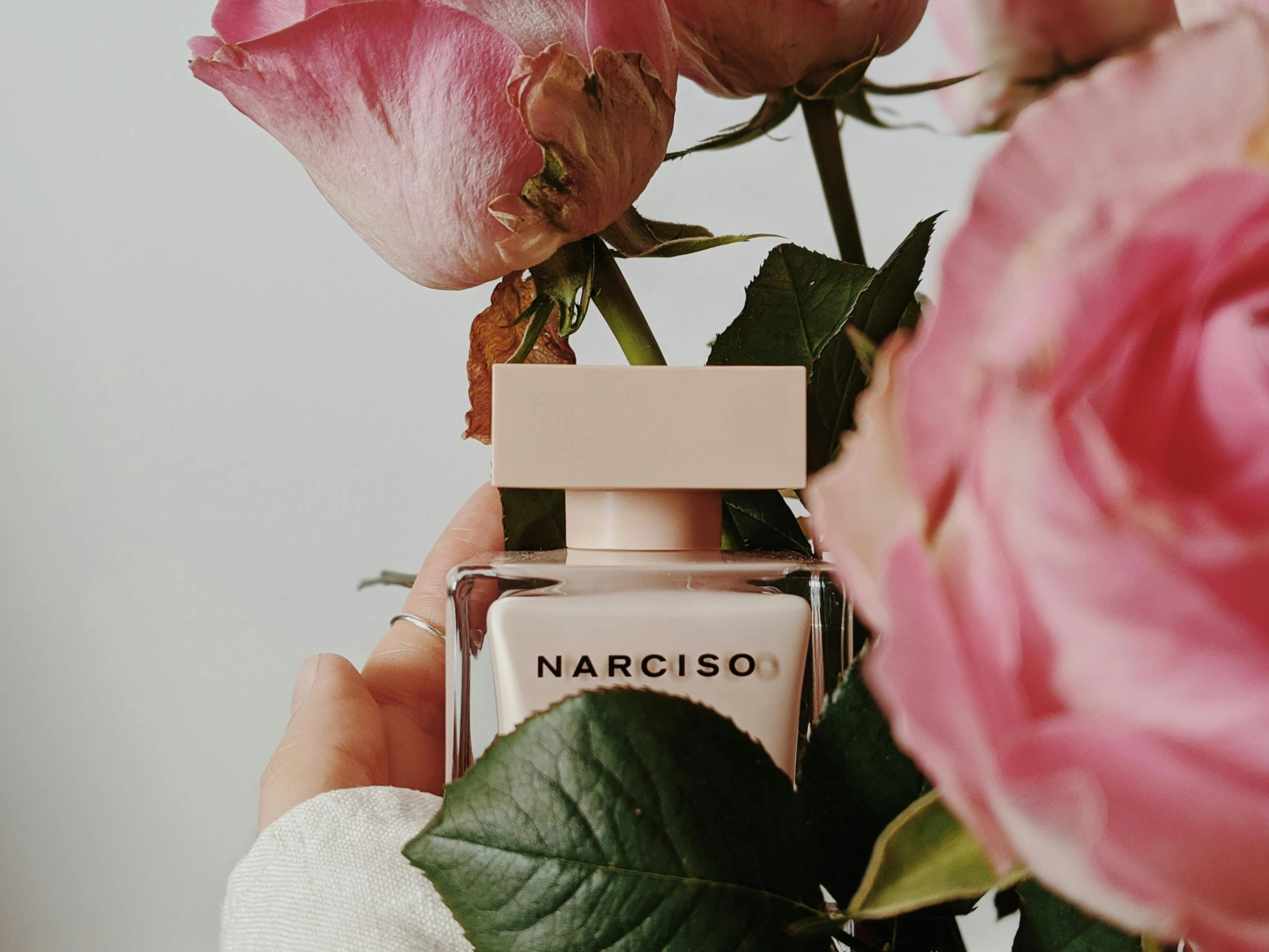 a close up of a person holding a bottle of perfume, by Carey Morris, trending on unsplash, roses background, givenchy, narcissistic, ad image