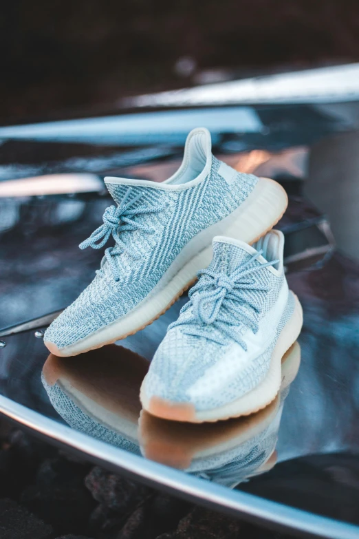 a pair of sneakers sitting on top of a tray, yzy, light blues, half image, vanilla
