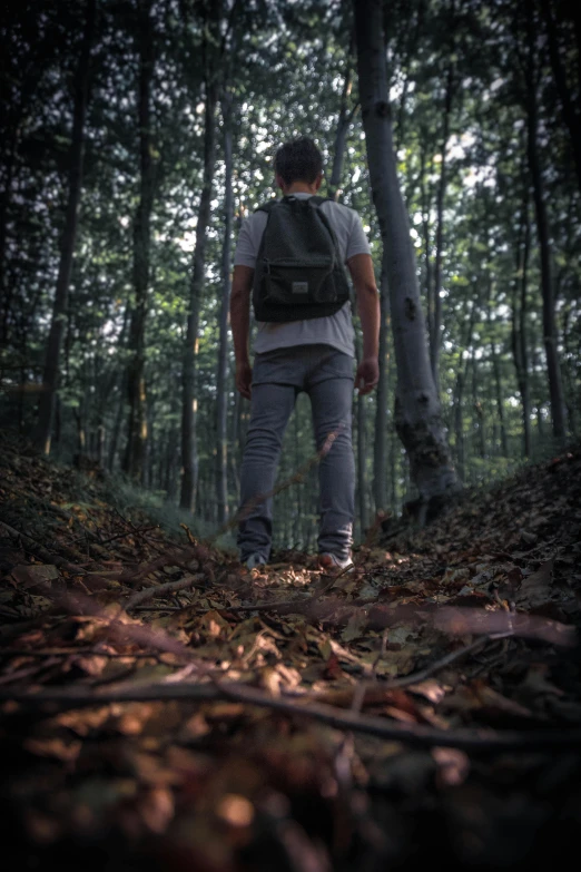 a man with a backpack walking through a forest, by Jacob Toorenvliet, pexels contest winner, renaissance, movie still 8 k, looking at the ground, low-light photograph, ((forest))