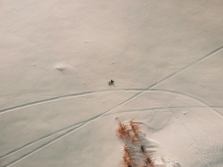 a person riding skis down a snow covered slope, by Emma Andijewska, pexels contest winner, land art, buggy, satellite imagery, on a desolate plain, old color photo