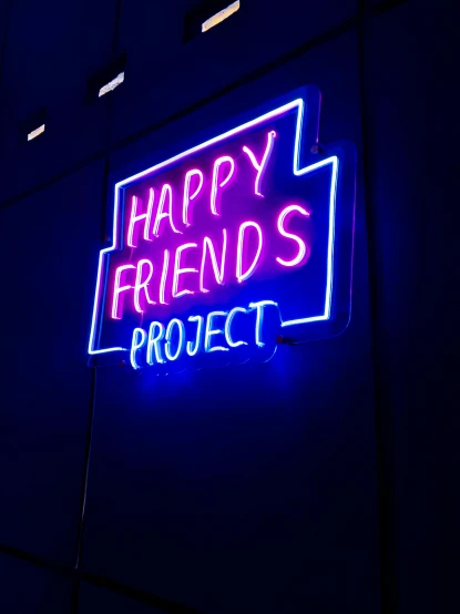 a neon sign that says happy friends project, pexels, profile image, lightbox, ayne haag, slide show