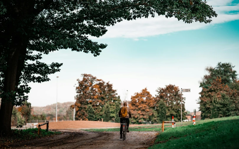 a person riding a bike down a dirt road, by Jesper Knudsen, pexels contest winner, realism, with a park in the back ground, brown, college, view from the back