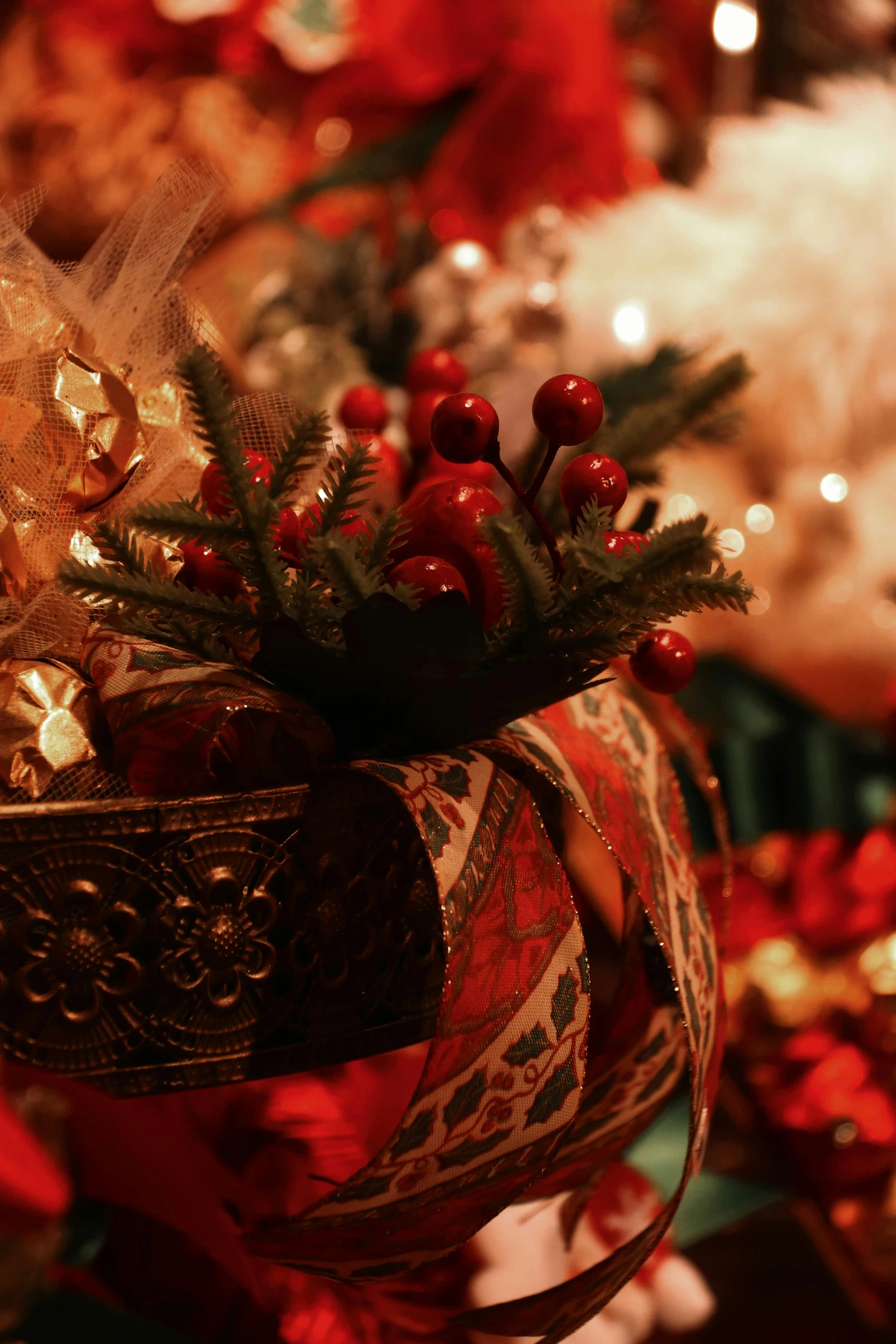 a close up of a basket on a christmas tree, a digital rendering, pexels, baroque, wide ribbons, crimson themed, mix, opening shot