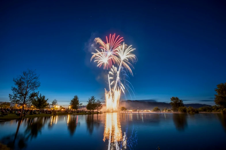 fireworks lights up the night sky over a lake, a portrait, event photography, coronation, thumbnail, colorado