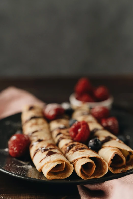 a person holding a plate with crepes and berries, unsplash, renaissance, with a black dark background, chocolate, 15081959 21121991 01012000 4k, super long shot